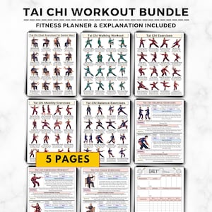 May include: A Tai Chi workout bundle featuring multiple instructional pages with illustrations of various exercises, including chair, walking, balance, and mobility routines, plus a daily fitness planner with text labels and exercise descriptions.