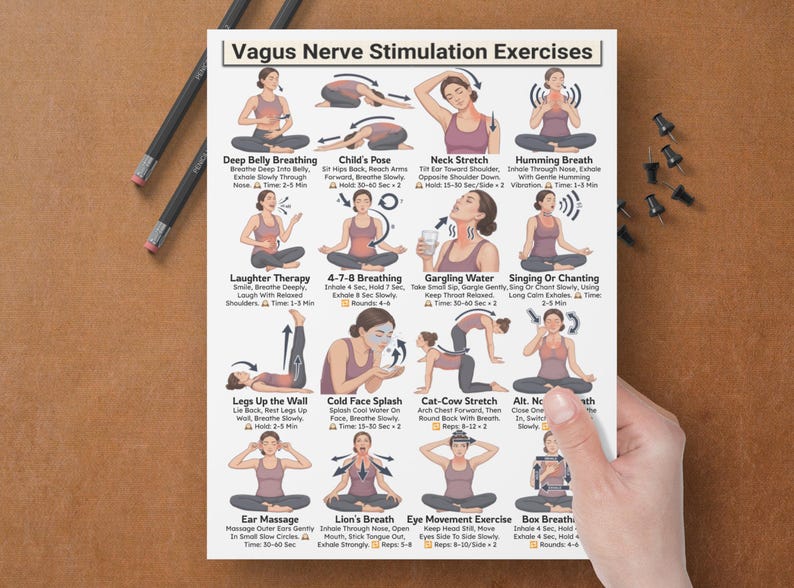 Puede incluir: Un p&oacute;ster blanco titulado "Ejercicios de estimulaci&oacute;n del nervio vago" con ilustraciones de varios ejercicios. El p&oacute;ster incluye texto que describe cada ejercicio, como "Respiraci&oacute;n abdominal profunda" y "Postura del ni&ntilde;o". El p&oacute;ster est&aacute; sostenido por una mano.