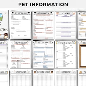 May include: Printable pet information log with sections for pet details, adoption info, breed information, care plan, photos, and cage layout. The log has a black and white design with cartoon animal illustrations.