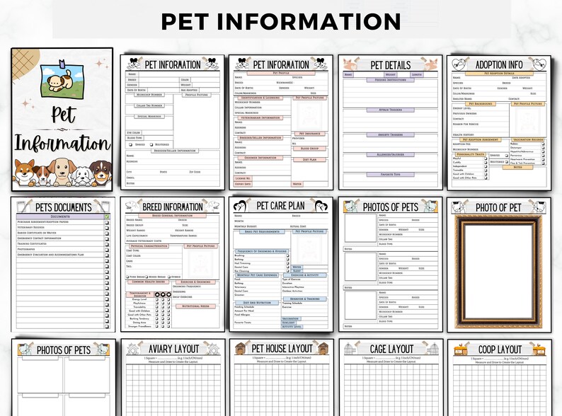 May include: Printable pet information log with sections for pet details, adoption info, breed information, care plan, photos, and cage layout. The log has a black and white design with cartoon animal illustrations.