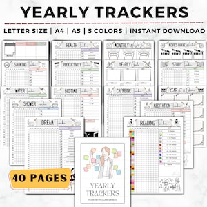 Yearly Tracker Bundle, Yearly Tracker Journal, Year In Pixels, Yearly Habit Tracker, Mood Tracker, Habit Tracker, Routine Tracker Printable