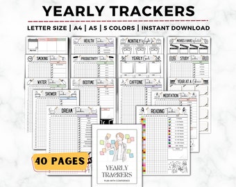 May include: A set of 40 printable yearly trackers in five colors. The trackers include categories such as health, productivity, sleep, water, caffeine, reading, movies, and more. The trackers are designed for use with a standard letter-sized binder.