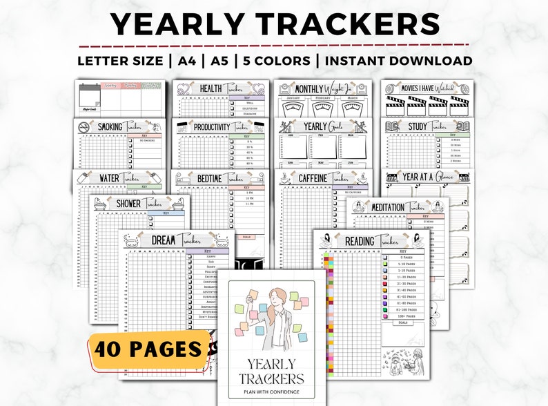 Yearly Tracker Bundle, Yearly Tracker Journal, Year in Pixels, Yearly ...