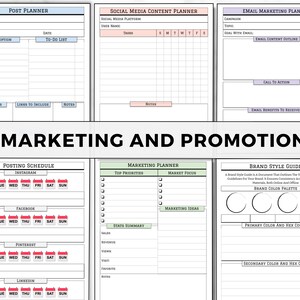 May include: A printable marketing and promotion planner with sections for social media content, email marketing, posting schedules, and brand style guides. The planner includes sections for top priorities, market focus, marketing ideas, state summary, and brand colour palettes.