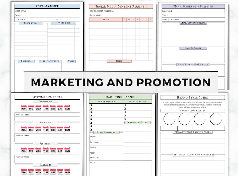 May include: A printable marketing and promotion planner with sections for social media content, email marketing, posting schedules, and brand style guides. The planner includes sections for top priorities, market focus, marketing ideas, state summary, and brand colour palettes.
