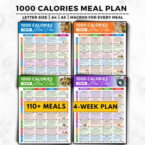 Könnte beinhalten: Vier farbenfrohe 1000 Kalorien Meal Plan-Diagramme. Jedes Diagramm ist in Abschnitte für Frühstück, Mittagessen, Abendessen und Snacks unterteilt. Die Diagramme enthalten den Text "110+ MAHLZEITEN" und "4-WOCHEN-PLAN".