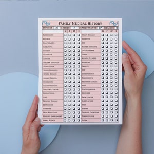 May include: A printable family medical history chart with a pink and white color scheme. The chart includes a list of common medical conditions and a space to check off if a family member has been diagnosed with the condition. The chart is divided into sections for mother, father, grandparents, and siblings.