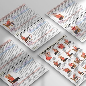 May include: Four instructional posters titled Chair Stretches For Seniors, featuring illustrations of a person in an orange shirt performing various seated exercises. Each poster includes detailed text instructions, muscle groups worked, and repetition counts.