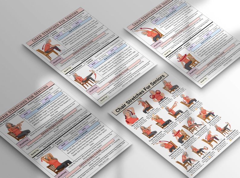 May include: Four instructional posters titled Chair Stretches For Seniors, featuring illustrations of a person in an orange shirt performing various seated exercises. Each poster includes detailed text instructions, muscle groups worked, and repetition counts.