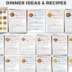 May include: A collection of printable recipe cards titled DINNER IDEAS & RECIPES, featuring a high-protein dinner overview page and multiple individual recipe sheets with nutrition facts, ingredient lists, and step-by-step cooking instructions.