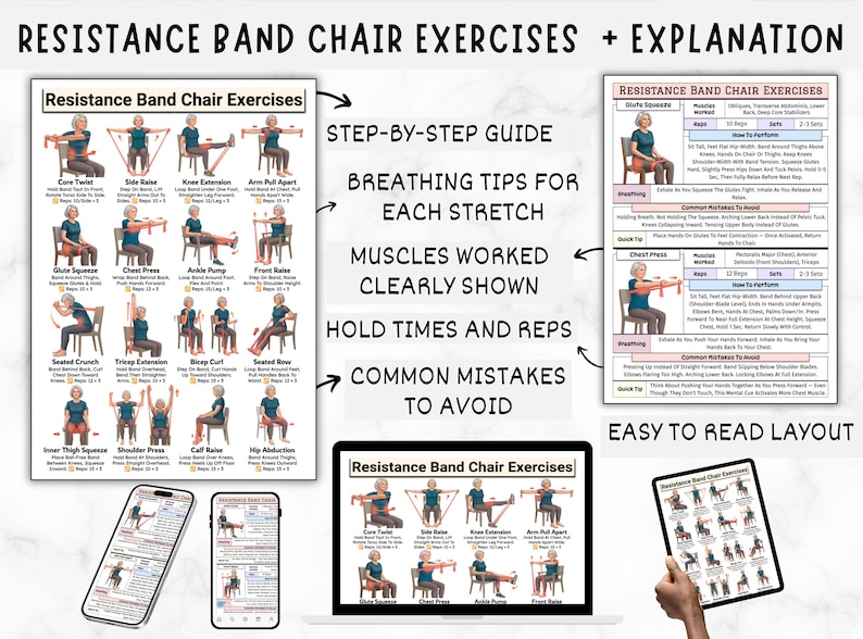 Puede incluir: Una gu&iacute;a de ejercicios titulada "Resistance Band Chair Exercises + Explanation" muestra ejercicios en silla con bandas de resistencia. La gu&iacute;a incluye instrucciones paso a paso, consejos de respiraci&oacute;n, m&uacute;sculos trabajados, tiempos de retenci&oacute;n, repeticiones y errores comunes a evitar. El dise&ntilde;o es f&aacute;cil de leer.