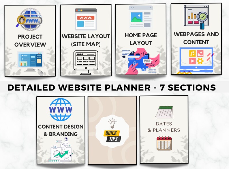 May include: A detailed website planner with seven sections, each represented by a framed illustration. The sections include project overview, website layout, home page layout, webpages and content, content design, quick tips, and dates and planners.