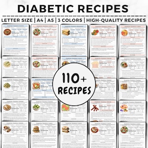 May include: A collection of 110+ diabetic-friendly recipes printed on letter-sized paper. The recipes are organized into categories and include nutritional information. The recipes are printed in three colors on high-quality paper.