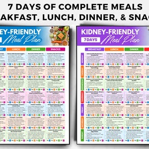 May include: Two colorful meal plan charts titled "Kidney-Friendly Meal Plan" with a 7-day format. Each chart lists breakfast, lunch, dinner, and snack options. The top text reads "7 Days of Complete Meals Breakfast, Lunch, Dinner, & Snacks."