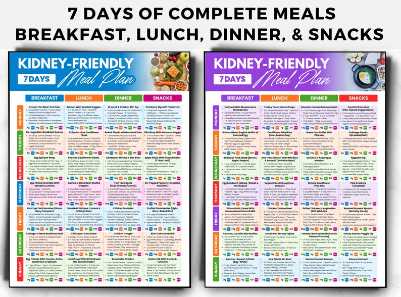 May include: Two colorful meal plan charts titled "Kidney-Friendly Meal Plan" with a 7-day format. Each chart lists breakfast, lunch, dinner, and snack options. The top text reads "7 Days of Complete Meals Breakfast, Lunch, Dinner, & Snacks."