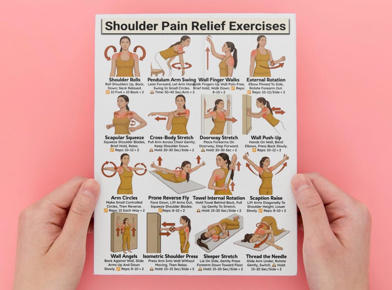 May include: A white poster titled "Shoulder Pain Relief Exercises" with illustrations of various stretches. The poster is held by hands against a pink background. The exercises include Shoulder Rolls, Arm Circles, and Wall Angels.