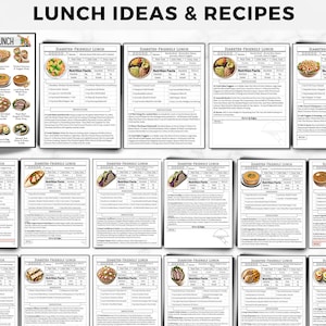 May include: A printable sheet with lunch ideas and recipes for people with diabetes. The sheet includes photos of different lunch options, nutritional information, and instructions for preparing each dish.