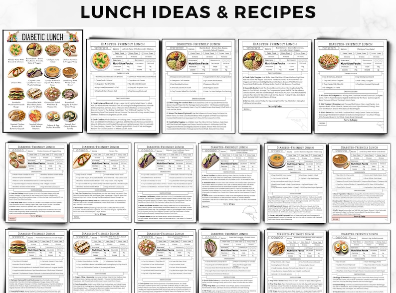 May include: A printable sheet with lunch ideas and recipes for people with diabetes. The sheet includes photos of different lunch options, nutritional information, and instructions for preparing each dish.