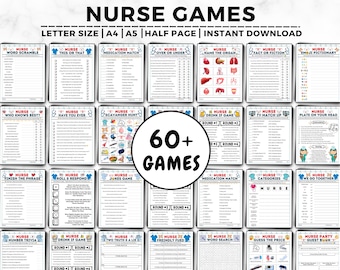 May include: A collection of printable nurse-themed games, including word scrambles, trivia, and matching games. The image displays various game cards with titles like "Nurse Games" and "Emoji Dictionary". The text "60+ Games" is prominently featured.