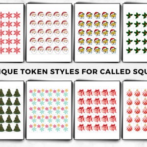 May include: A collection of ten unique token styles for called squares, featuring festive designs. Includes red snowflakes, Santa faces, yellow characters in Santa hats, green holly, Christmas trees, colorful snowflakes, red gift boxes, and red and white ornaments.