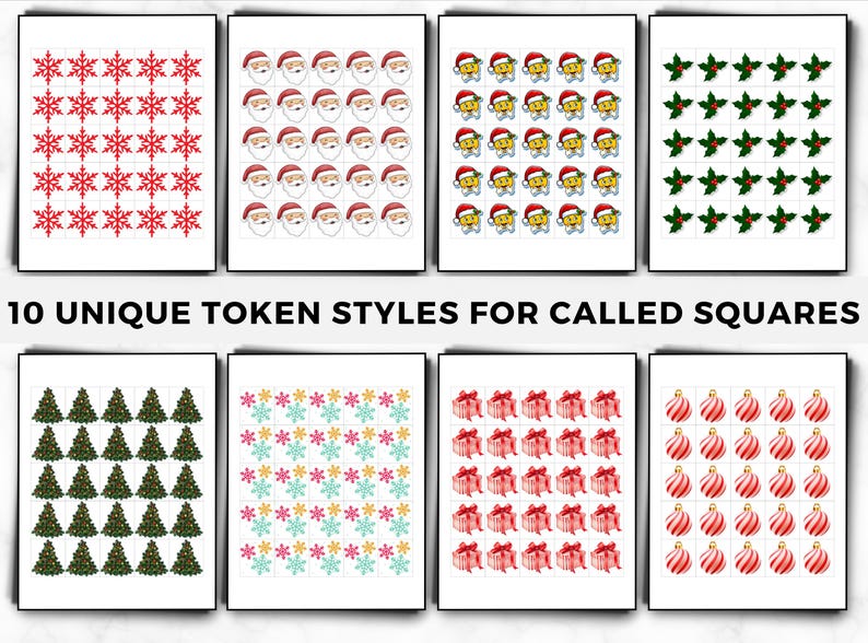 May include: A collection of ten unique token styles for called squares, featuring festive designs. Includes red snowflakes, Santa faces, yellow characters in Santa hats, green holly, Christmas trees, colorful snowflakes, red gift boxes, and red and white ornaments.