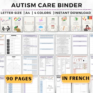 フランス語の自閉症ケアバインダー、印刷可能な自閉症プランナー、特別なニーズを持つ子供、自閉症の子供のワークシート、神経多様性、自閉症療法