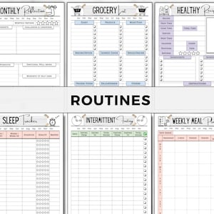 May include: A printable set of black and white planner pages with headings for "Monthly Reflection", "Grocery List", "Healthy Recipe", "Sleep Tracker", "Intermittent Fasting", and "Weekly Meal Planner".