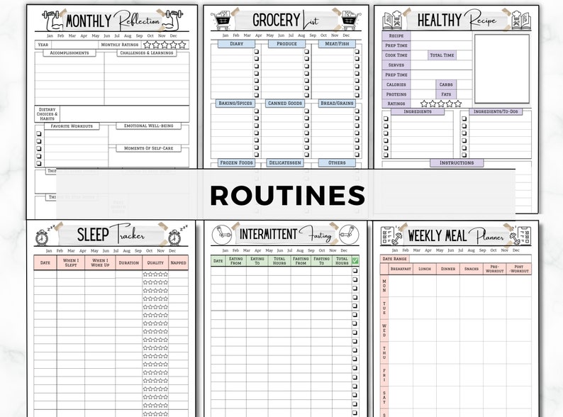 May include: A printable set of black and white planner pages with headings for "Monthly Reflection", "Grocery List", "Healthy Recipe", "Sleep Tracker", "Intermittent Fasting", and "Weekly Meal Planner".