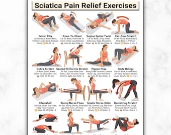 Sciatica Pain Relief Exercises, Lower Back Stretch Routine, Sciatic Nerve Glide Mobility Chart, Physical Therapy, Hip & Piriformis Stretches