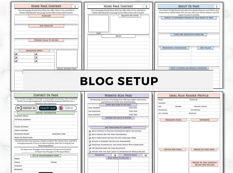 May include: A printable worksheet with a blog setup guide. The worksheet includes sections for home page content, about us page, contact us page, website blog page, and ideal blog reader profile. The worksheet is designed to help bloggers create a cohesive and effective blog.