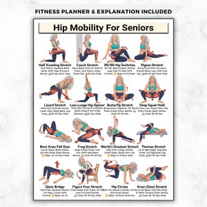 Könnte beinhalten: Ein Fitness-Poster mit dem Titel Hip Mobility For Seniors, das sechzehn illustrierte Übungen mit Anleitungen zeigt. Jeder Abschnitt zeigt eine Person in türkisfarbener Sportkleidung bei Bewegungen wie dem Half Kneeling Stretch.