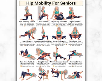 Hip & Glute Stretching for Seniors, Hip Mobility, Gentle Hip Pain Relief Stretches, Senior Stretch Chart, Elderly Printable Fitness Poster