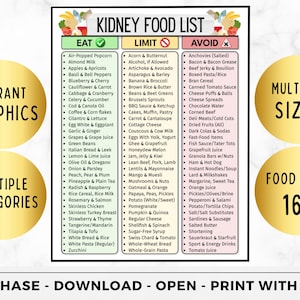 May include: A kidney food list with categories for foods to eat, limit, and avoid. The list includes over 160 food items. The design features vibrant graphics and is available in multiple sizes.