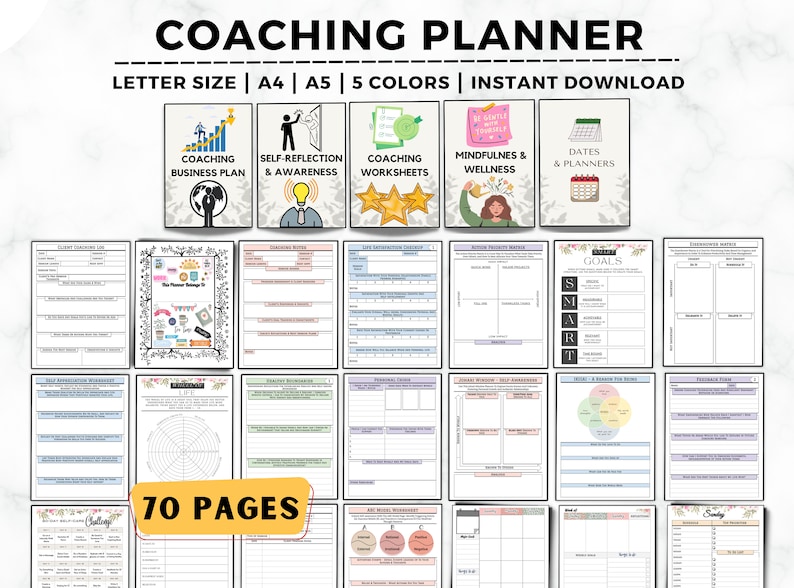 May include: A printable coaching planner with 70 pages, featuring sections for business planning, self-reflection, coaching worksheets, mindfulness and wellness, and dates and planners. The planner is available in five colors and comes in letter, A4, and A5 sizes.