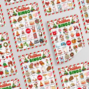 May include: Multiple Christmas Bingo game cards with festive illustrations and the words "Christmas BINGO" in green and red. The cards feature a red and green striped border and various holiday-themed images.