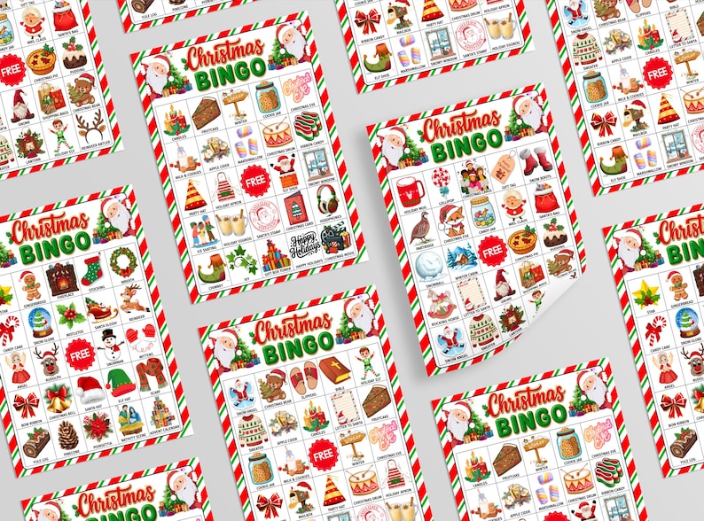 May include: Multiple Christmas Bingo game cards with festive illustrations and the words "Christmas BINGO" in green and red. The cards feature a red and green striped border and various holiday-themed images.