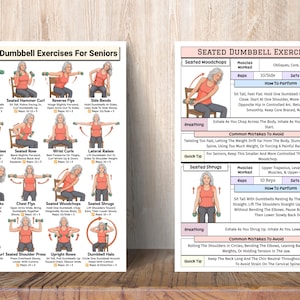 May include: Two instructional posters titled Seated Dumbbell Exercises For Seniors and Seated Dumbbell Exercises. The charts feature illustrations of a person in a red shirt performing various arm and shoulder movements with small green dumbbells.