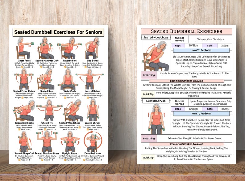May include: Two instructional posters titled Seated Dumbbell Exercises For Seniors and Seated Dumbbell Exercises. The charts feature illustrations of a person in a red shirt performing various arm and shoulder movements with small green dumbbells.