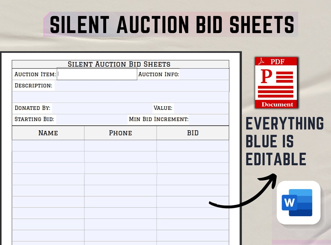 Silent Auction Bid Sheet Editable. Printable Silent Auction Template ...