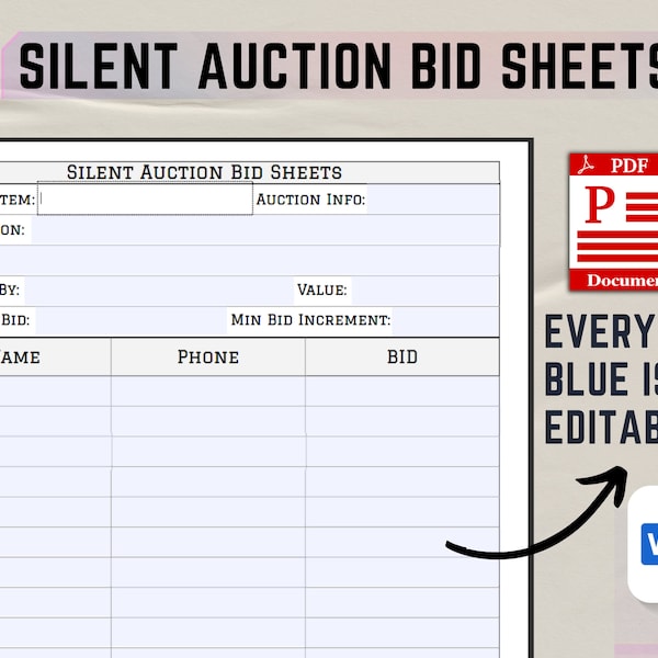 Silent Auction Bid Sheet Editable. Printable Silent Auction Template Form. Auction Bidding Sheet Form. Fundraiser Ideas, Printable Bid Sheet