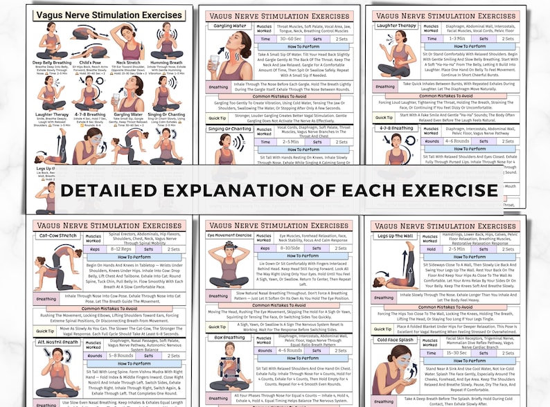 Puede incluir: Un gr&aacute;fico detallado con ilustraciones y texto que explica varios ejercicios de estimulaci&oacute;n del nervio vago. Los ejercicios incluyen respiraci&oacute;n profunda, terapia de risa y otros, con instrucciones y diagramas para cada uno.