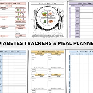 May include: Printable diabetes trackers and meal planner with a visual guide to a healthy meal plate. The printable sheets include a daily blood sugar tracker, weekly blood sugar log, food and blood sugar log, and a diabetes meal plan.