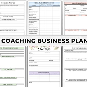 May include: A printable coaching business plan template with sections for business profile, ideal client preferences, ideal client research, email marketing planner, client profile, and competitive analysis.