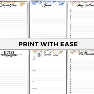 May include: Printable planner pages with floral designs. The pages include sections for favorite foods, journal, things to avoid, notes, goals, and to remember.