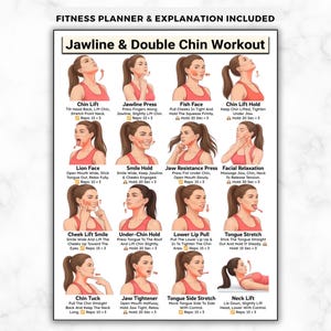 May include: A fitness planner with instructions for a jawline and double chin workout. The guide includes illustrations and descriptions for exercises like Chin Lift, Jawline Press, Fish Face, and Tongue Stretch. The text "Fitness Planner & Explanation Included" is at the top.
