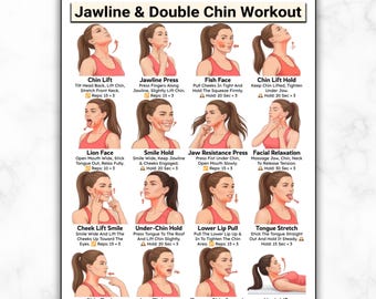 Jawline & Double Chin Exercises, Face Yoga Workout Chart For Jaw And Neck Tightening, Daily Facial Muscle Toning Exercise, Sharper Jawline