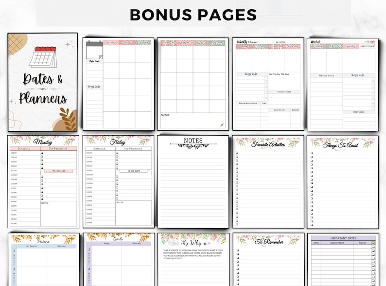 May include: A set of printable planner pages with floral designs. The pages include sections for notes, to-do lists, weekly planning, and more. The pages are in black and white with pink and green floral accents.