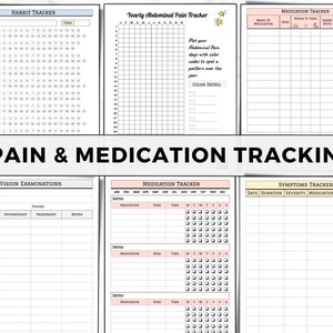 May include: Printable pain and medication tracking log sheets. The sheets include sections for tracking habits, vision examinations, medication, symptoms, and abdominal pain. The sheets are designed with a simple, clean aesthetic and feature a light pink and yellow color scheme.