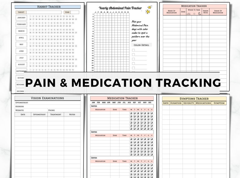 May include: Printable pain and medication tracking log sheets. The sheets include sections for tracking habits, vision examinations, medication, symptoms, and abdominal pain. The sheets are designed with a simple, clean aesthetic and feature a light pink and yellow color scheme.