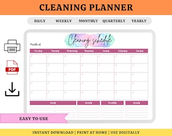 May include: A white cleaning planner with a pink and purple grid layout. The planner includes sections for daily, weekly, monthly, quarterly, and yearly schedules. The text "Cleaning Planner" is at the top.
